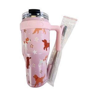 NEW Sursip 40 oz Tumbler PINK PUPPY Dog Straw Stainless Steel Travel Hot Cold